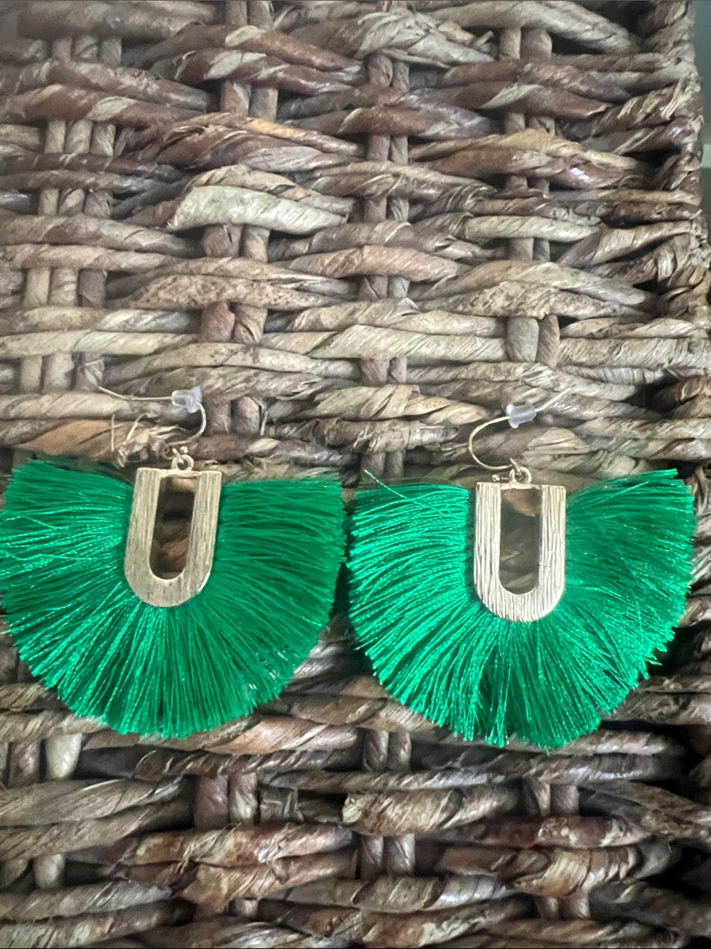 Green Fringe Fan Drop Earrings with Gold Accents